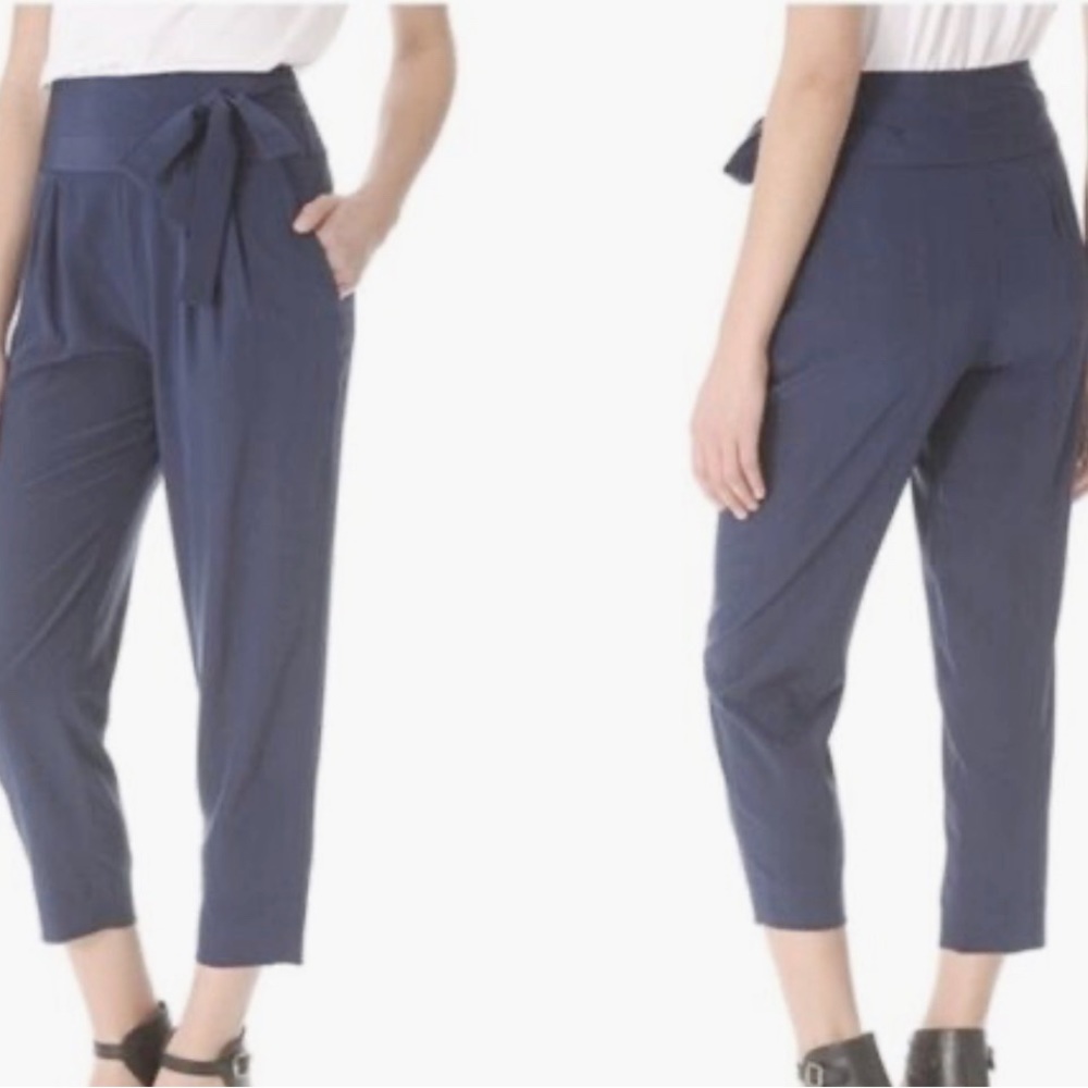 Diane Von Furstenberg trouser pants navy blue, ultra high waist tie front